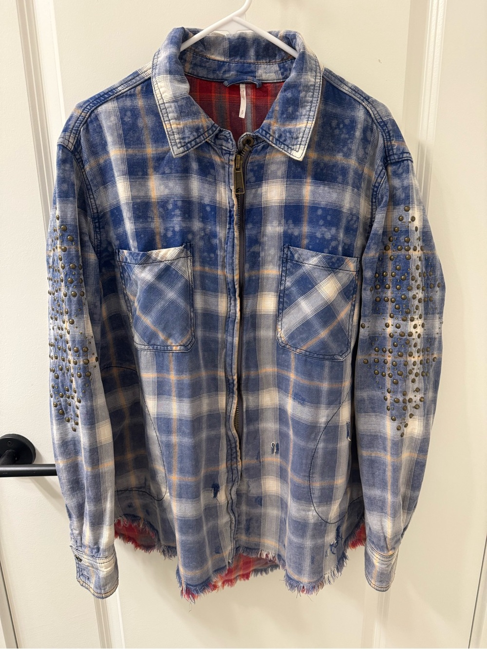 Free People Blue Plaid Studded Zip-Up Jacket
